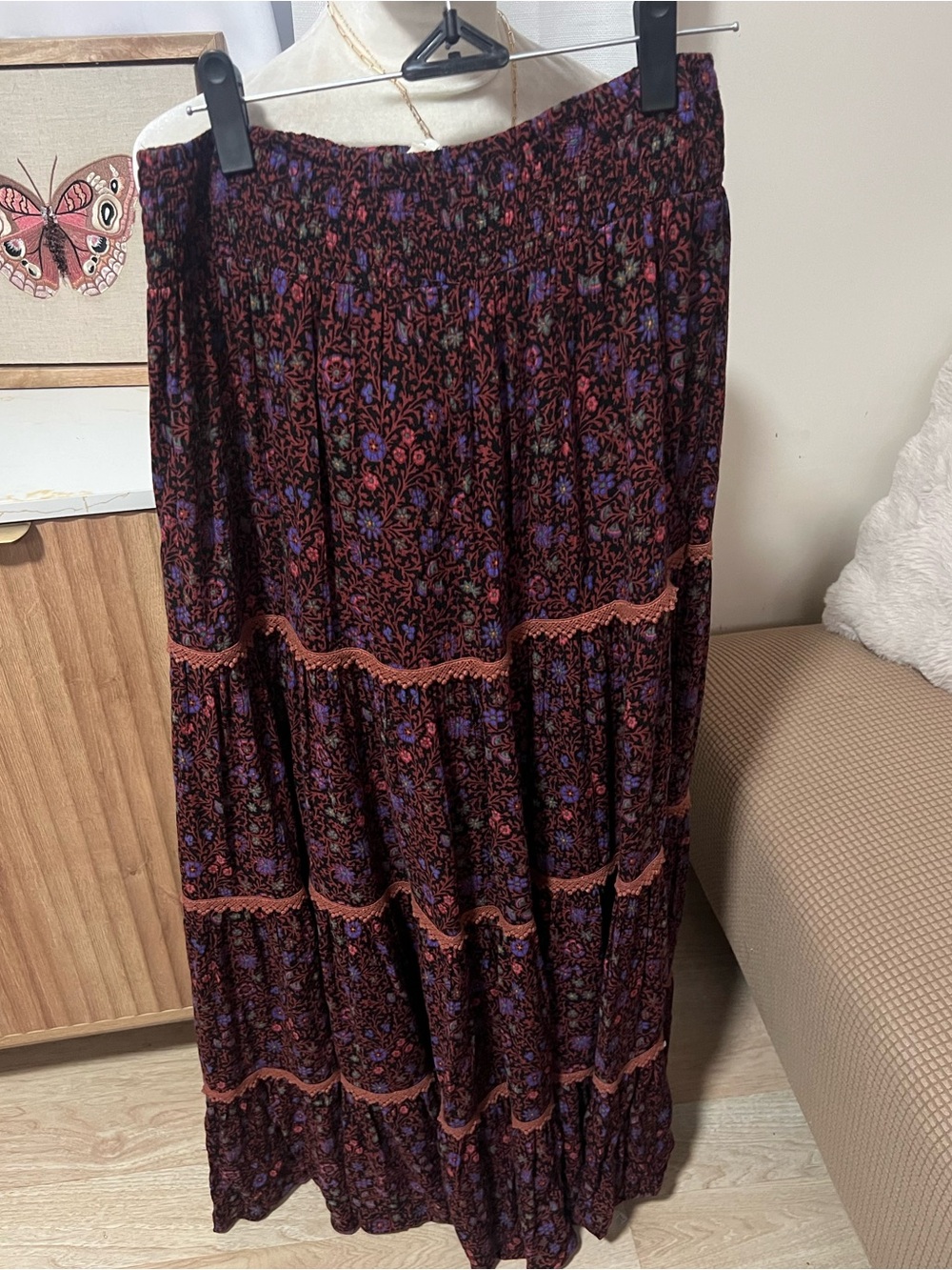 easel Burgundy Floral Tiered Maxi Skirt with Purple Accents
